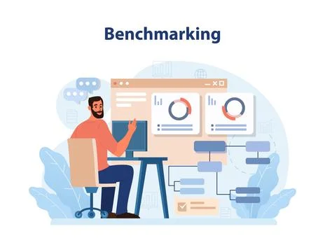 Benchmarking Analysis Vector. An expert analyzes performance metrics. 스톡 일러스트