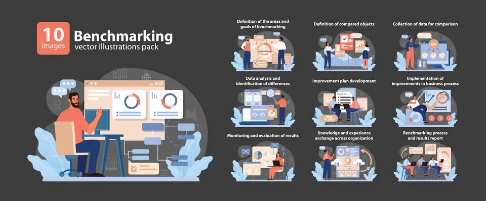 Benchmarking Concept. Comprehensive stages of benchmarking depicted in vibrant Illustrazione stock