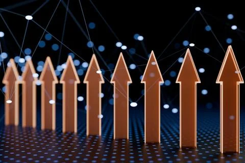 Benchmarking concept.Multiple brown arrows pointing upwards Illustrazione stock
