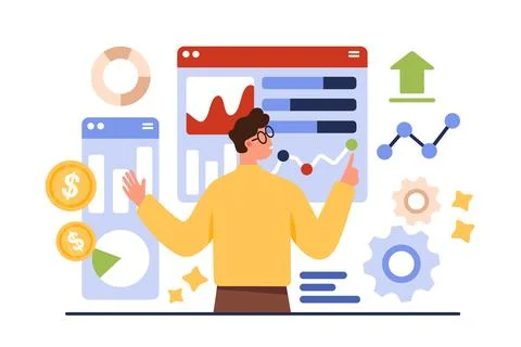 Benchmarking, data reports evaluation, analysis of statistics graphs by tiny Stock Illustration