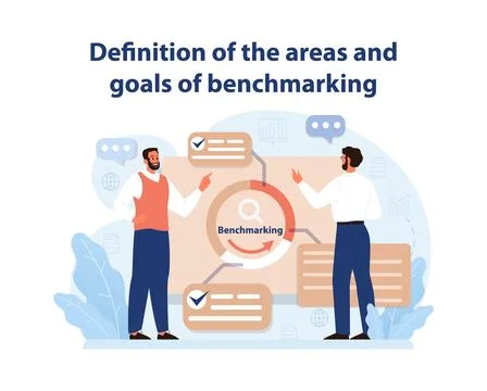 Benchmarking Essentials Vector. Two professionals engaging in strategic. 스톡 일러스트