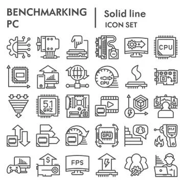 Benchmarking line icon set. Technology and computer signs collection, sketches Stock Illustration