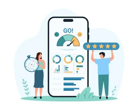 Benchmarking in mobile app, quality and cost analysis of business product by 스톡 일러스트