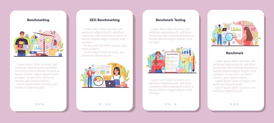 Benchmarking mobile application banner set. Idea of business development Stock Illustration