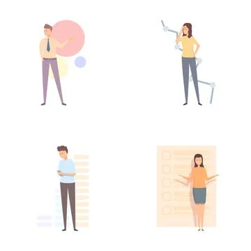 Benchmarking process icons set cartoon vector. People testing product quality Stock Illustration