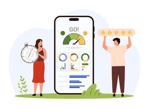 Benchmarking process with mobile app, tiny people monitoring better product Stock Illustration