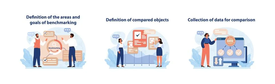 Benchmarking Process Set. Illustrations of initial benchmarking phases. Stock Illustration