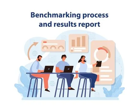 Benchmarking Report Vector. A team meticulously prepares a comprehensive イラスト素材