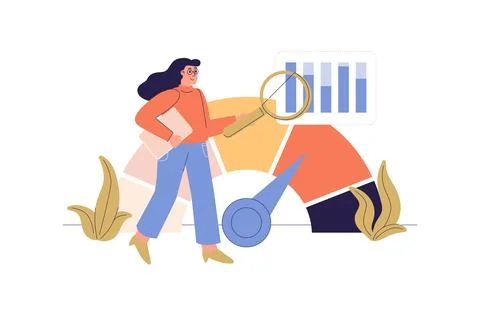 Benchmarking web concept with people scene. Woman analyzing data and compar.. Stock Illustration