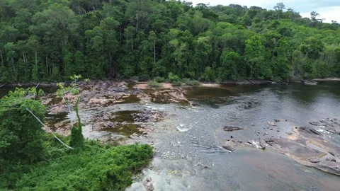 Bend on the Maroni river, rapids, dry season, French Guiana Stock Footage 306881623