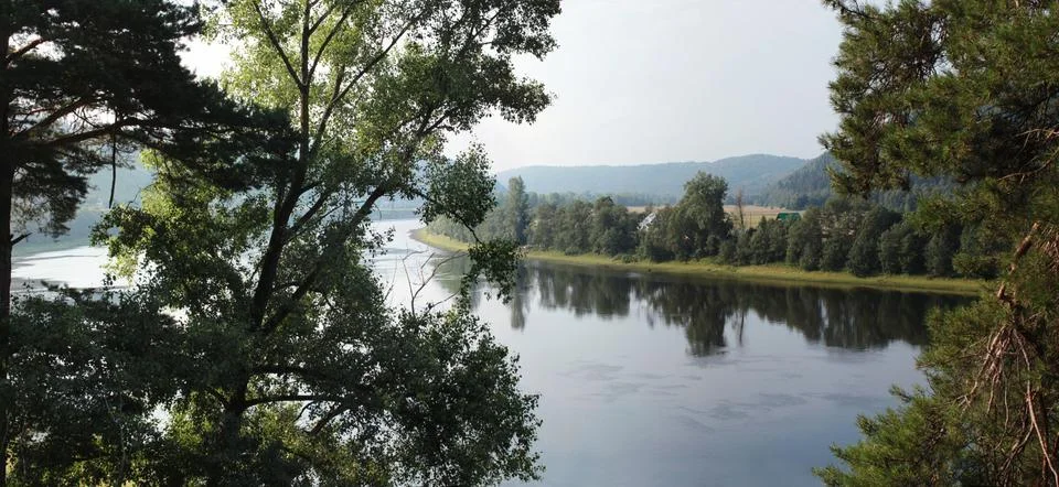 Bend in the river with trees in the foreground Stock Photos