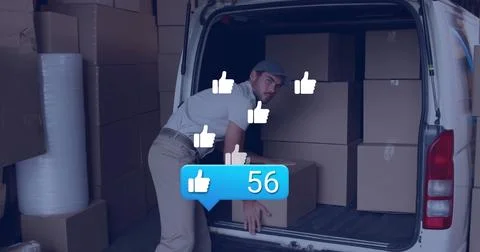 Bending mover lifting box in loading bay, with van, bubble wrap and floating Stock Photos