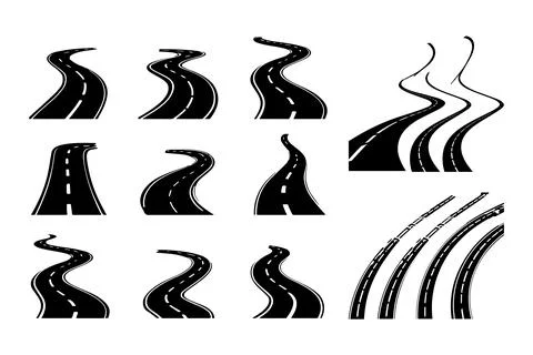 Bending roads vector set, road silhouette art Stock Illustration