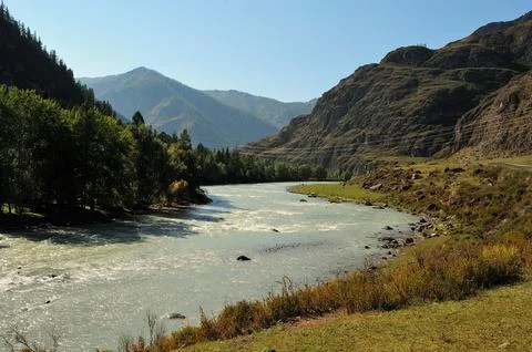 Bends of the bed of a beautiful river flowing through the autumn forest at .. Stock Photos