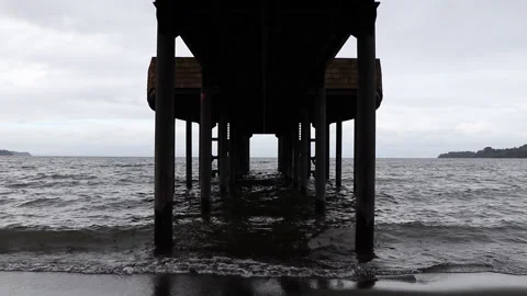 Beneath Old Wooden Pier at Low Tide, Frutillar Chile Stock Footage 336422005