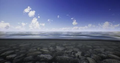 Beneath the surface of clear water revealing pebbles and sky reflections 库存插图