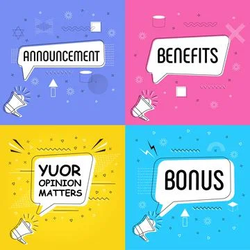 Benefits in bubble vector on bright yellow background. Announsement comic spe Stock Illustration