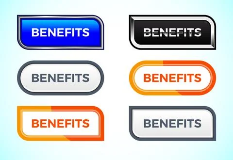 Benefits button set of different shapes and colors. Suitable for mobile app.. Illustrazione stock