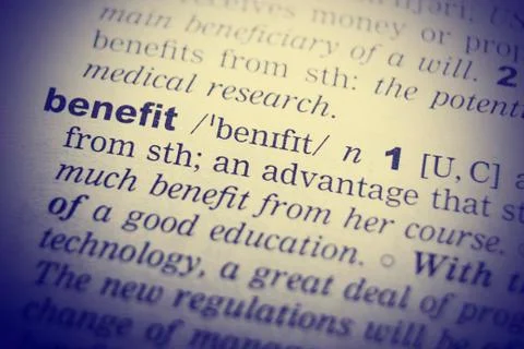 Benefits definition . Close up of English dictionary page with word Benefit Photos