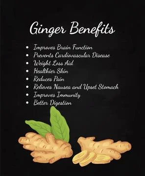Benefits of Ginger. Ginger benefits post design on a black background. Adva.. Stock Illustration