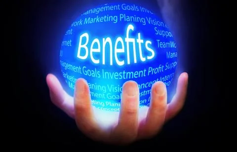 Benefits globe in hand blue,concept background isolated black business Stock Illustration