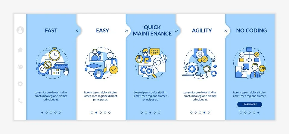 Benefits of no code blue and white onboarding template Stock Illustration