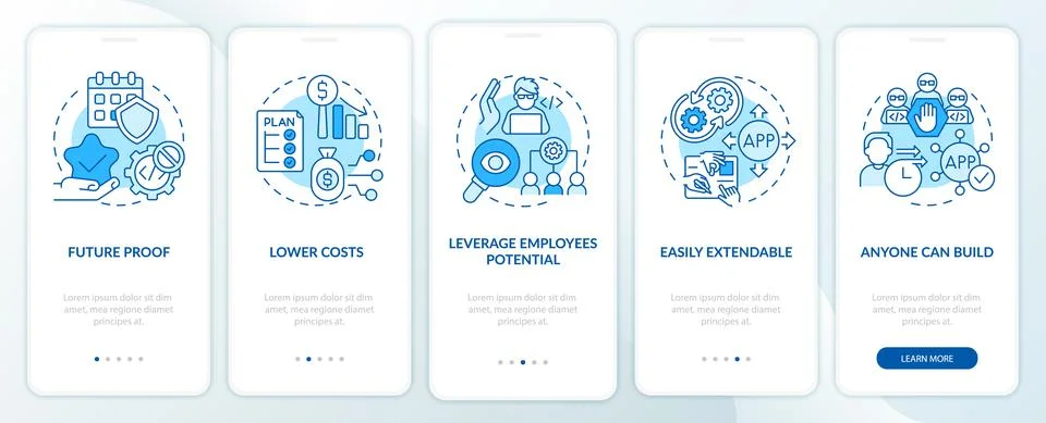 Benefits of no code blue onboarding mobile app screens Stock Illustration