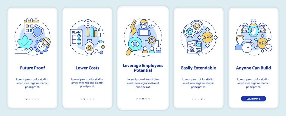 Benefits of no code onboarding mobile app screen Illustrazione stock