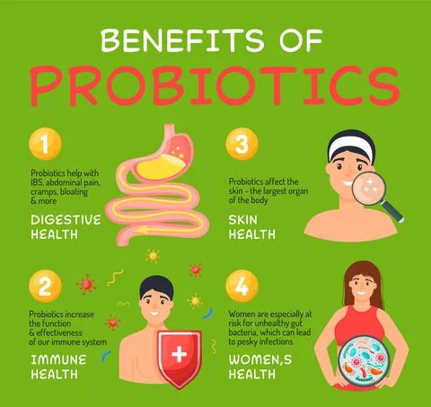 Benefits of probiotics poster. Editable vector illustration. Stock Illustration