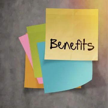 "benefits" text on sticky note paper on wall texture Illustrazione stock