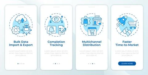 Benefits of using PIM system blue onboarding mobile app screen Stock Illustration