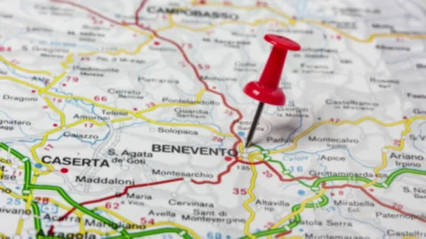 Benevento pinned on a map of Italy Stock Footage 177352182
