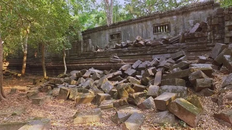 Beng Mealea Temple Interior Structure And Tree Video stock 73239149