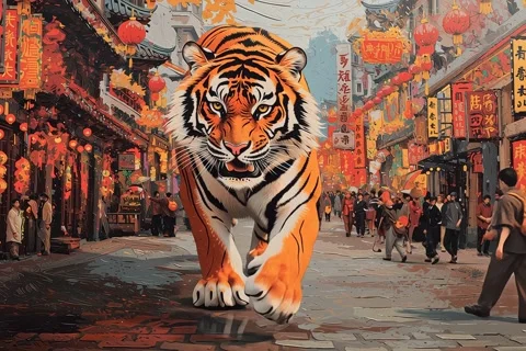 Bengal Tiger walking between people in a street during the traditional Chines Stock Footage 334011760