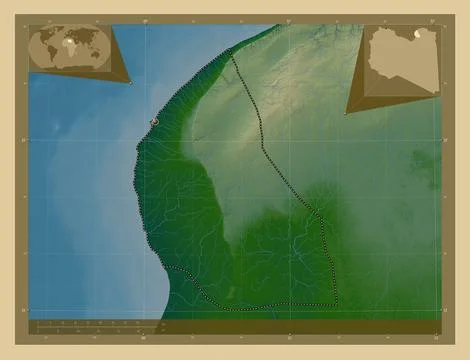Benghazi, Libya. Colored elevation map with lakes and rivers Illustrazione stock