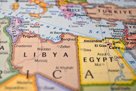 Benghazi Libya on World Map Close Up Macro Defocused Background Geographic .. Foto stock