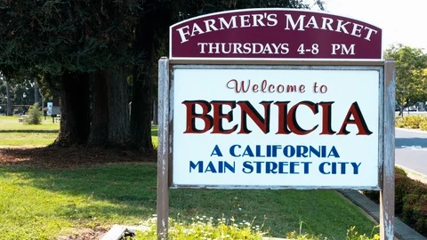 Benicia, California Welcome Sign Tilt Stock Footage
