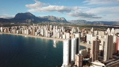 Benidorm Beach and Buildings Drone 4K. Spain. Stock Footage 113613934