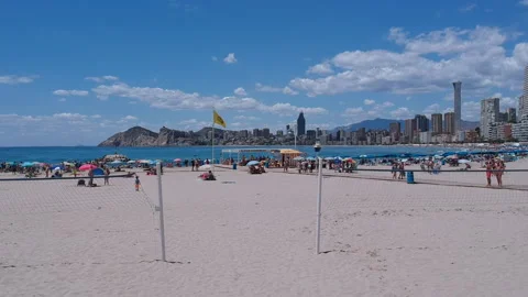 Benidorm Beach views during summer Aerial Footage Blue sky Stock Footage 130644354