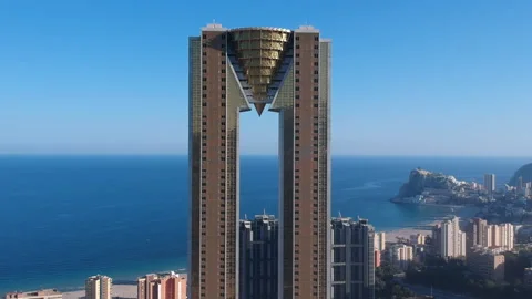 Benidorm Iconic Building during summer AERIAL Video stock 130644497