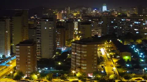 Benidorm skyline, city time lapse at night, pan up. Stock Footage