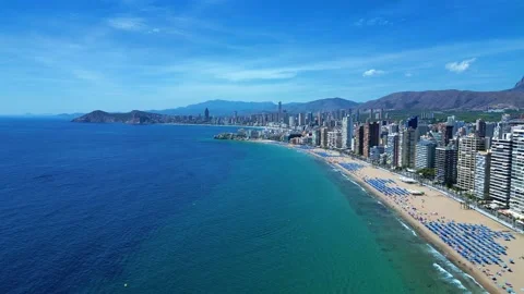 Benidorm in Spain flight by drone over the sea beach and scyscrappers Video stock 214368371