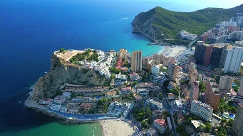 Benidorm in Spain  flight by drone over the sea beach and scyscrappers Video stock 214393214