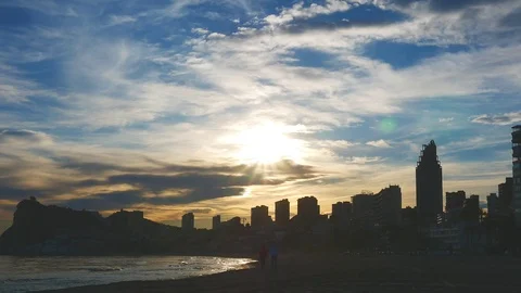 Benidorm time lapse at sunset. Beautiful travel icon in Spain Stock Footage 87804516