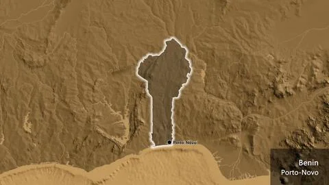 Benin border shape overlay. Glowed. Sepia elevation. Labels Stock Illustration