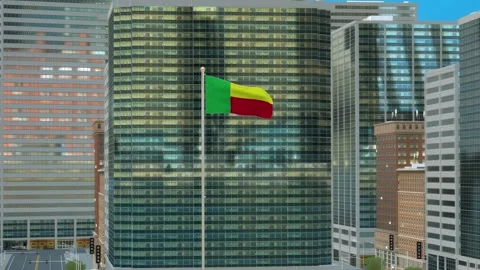 Benin Flag 3D Render Animation on Pole with Modern Business District Buildin Video stock 332883240