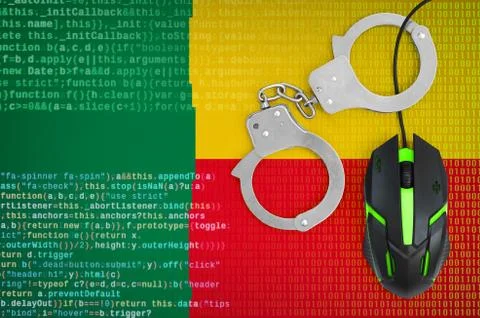 Benin flag  and handcuffed computer mouse. Combating computer crime, hackers  Stock-Fotos