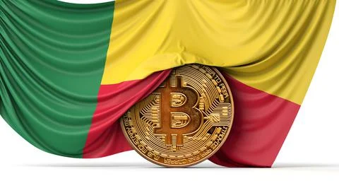 Benin flag draped over a bitcoin cryptocurrency coin. 3D Rendering 스톡 일러스트