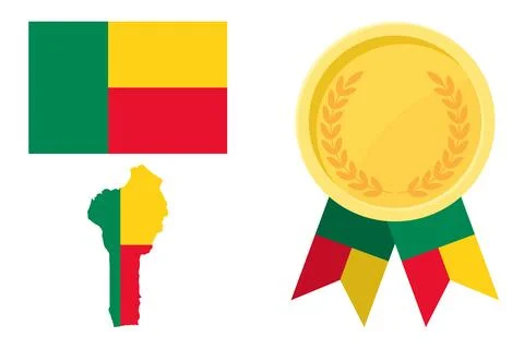 Benin flag with map and gold medal in set for web and banners or app and game Stock Illustration