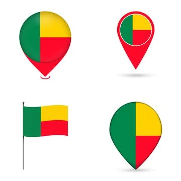 Benin Flag Map Pin Icons Set Collection. Stock Illustration